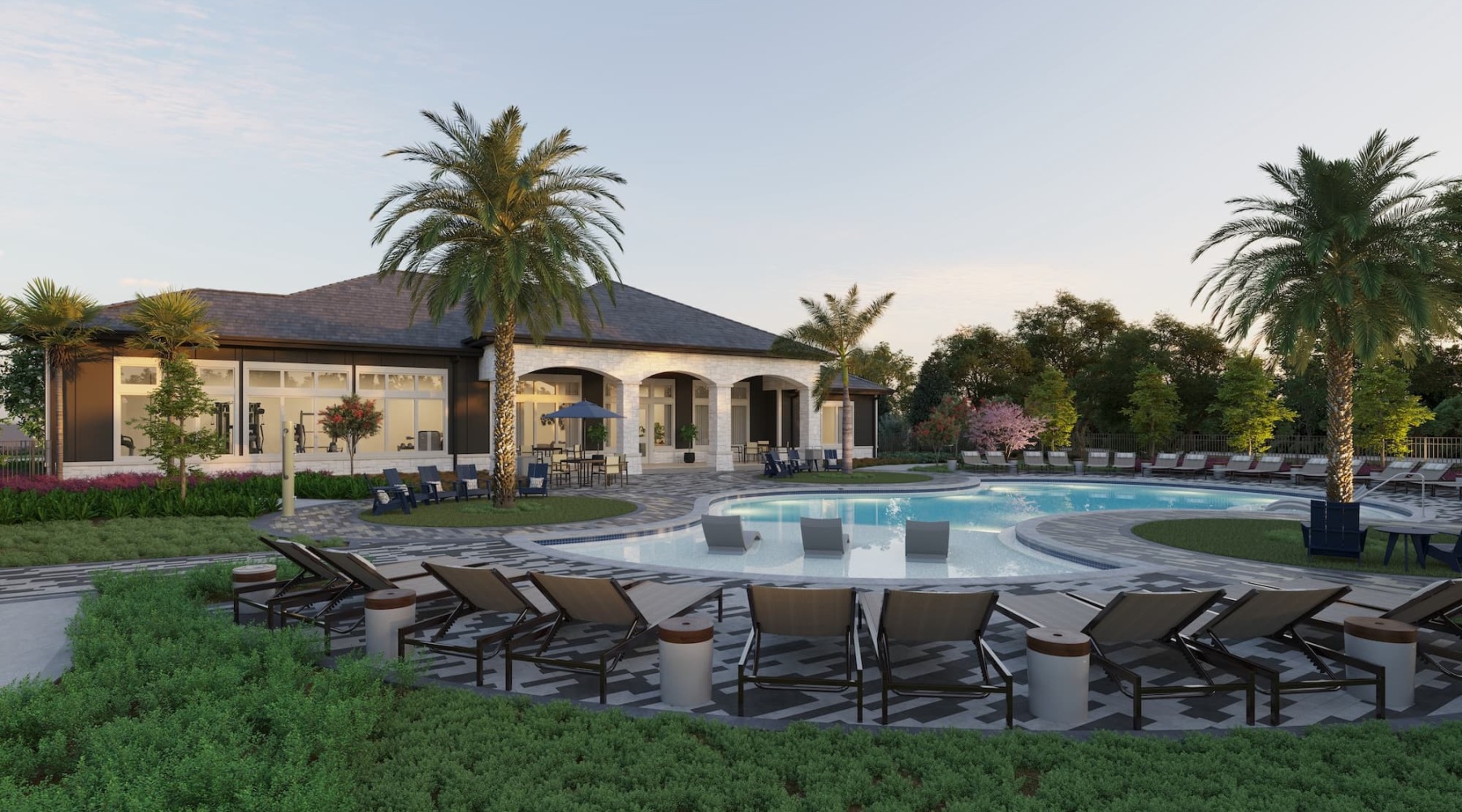 Arrive at Extraordinary pool with spacious areas and lush landscaping